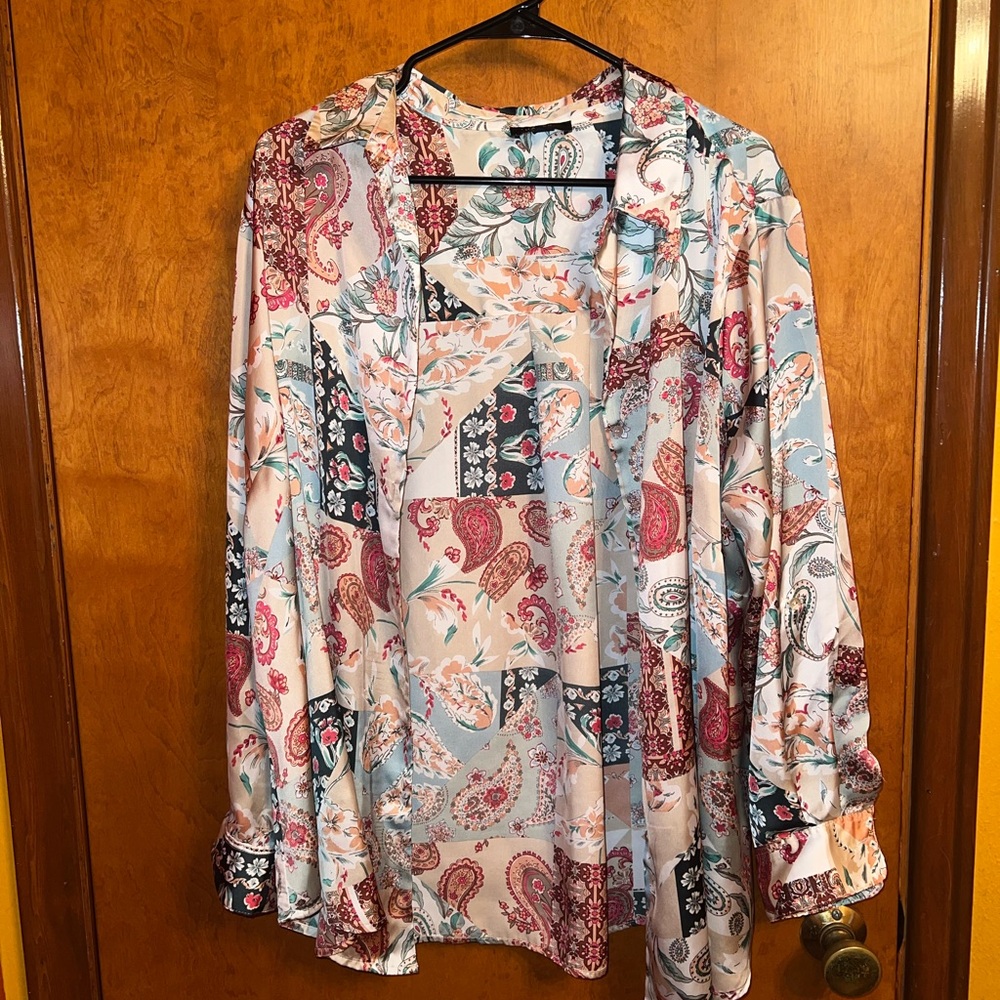 HAVER London Floral Paisley Print Blouse in Teal, Coral, Cream